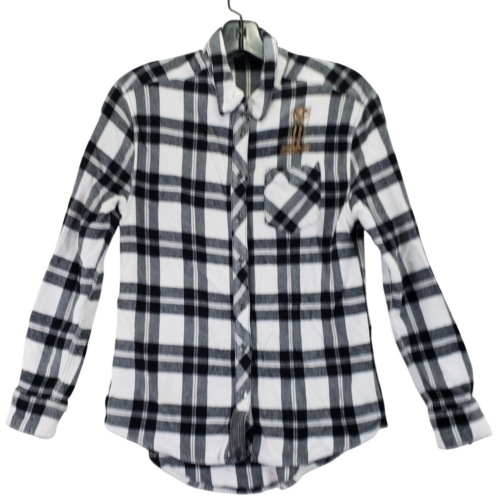 Harley-Davidson Plaid Button Up Shirt Womens M Black White Gold Biker Moto